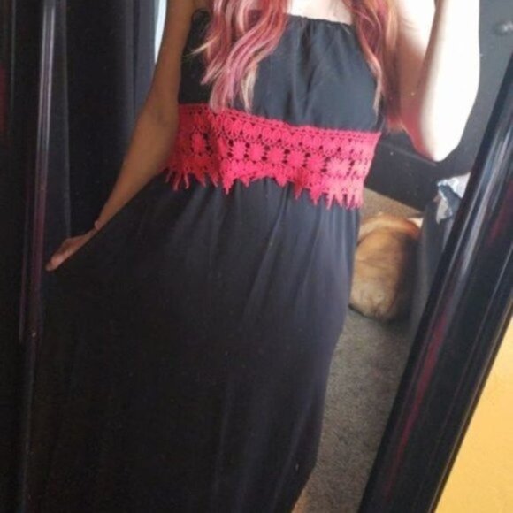 Fascination NWT Small Black Strapless Long Maxi Dress Red Lace Flounce - Picture 1 of 2